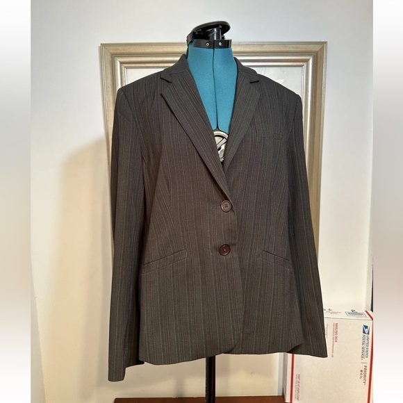Script Women’s Brown Pinstripe Lined Stretch Blazer Jacket Size 14 - Picture 2 of 9